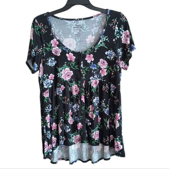 torrid Tops - Torrid Super Soft Black Floral Short Sleeve Babydoll Style Tunic Size 2X